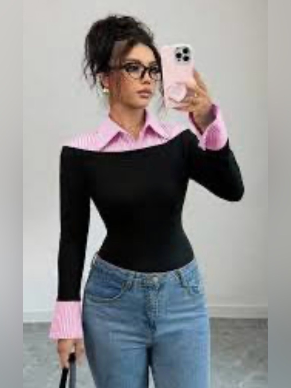 Y2K Mock Layer Pullover 2-in-1 Off-the-Shoulder combo Top Striped Collar XL